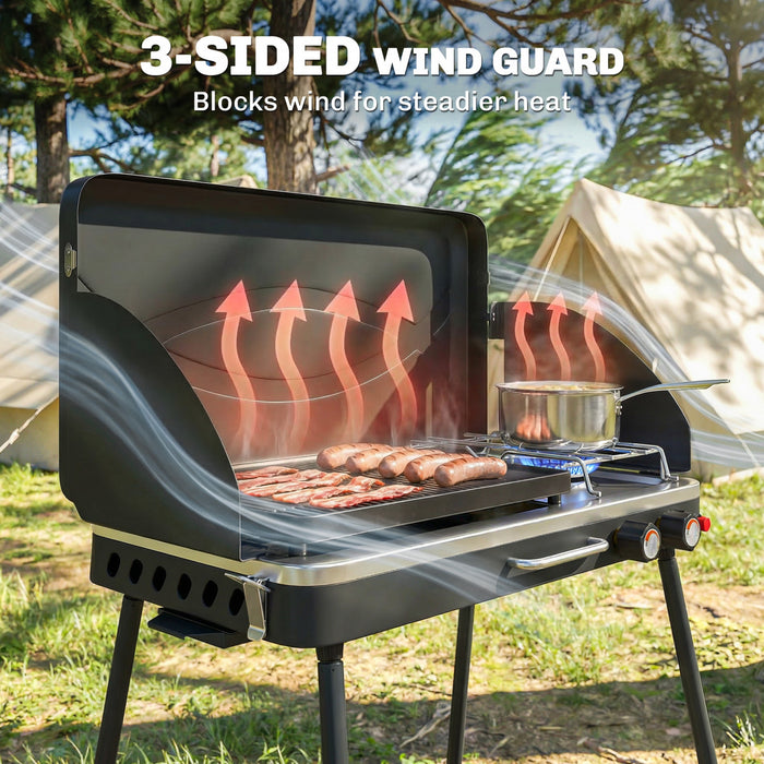 Outsunny 2-in-1 Camping Stove & Gas Griddle Combo, 20,000 BTU 2-Burner Portable Propane Grill with Detachable Legs, Wind Guards for Barbecue, Tailgating, Outdoor Cooking, Black
