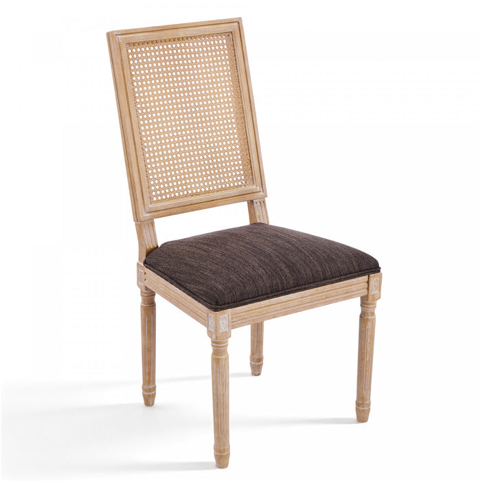 Oliver Solid Wood Rubberwood Dining Chair Set of 2 with Upholstered Seat Cane Backrest and Fluted Legs,Brown