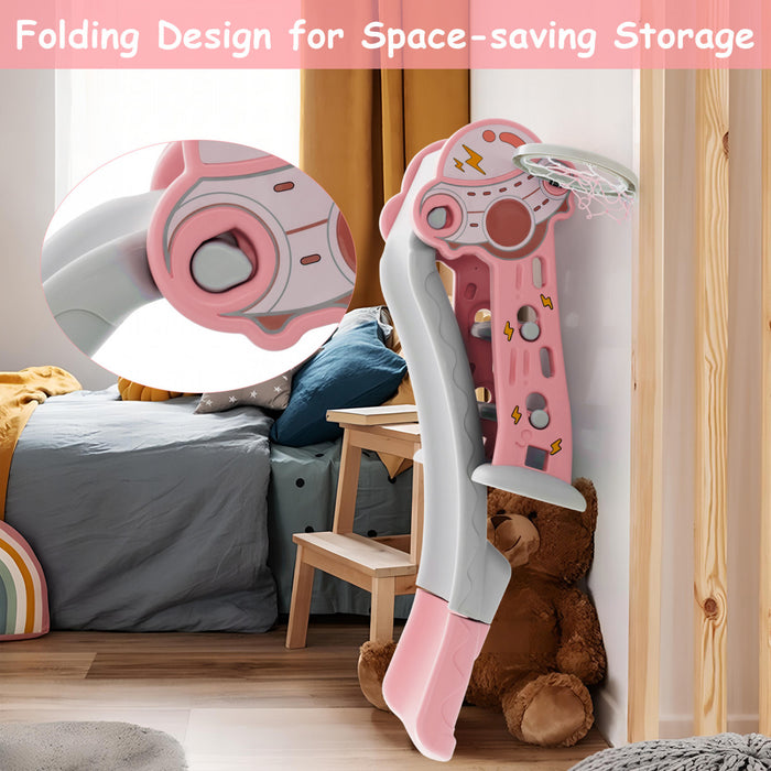 Costway 3-in-1 Kids Indoor Slide With Basketball Hoop & Basketball, Safe Buffer Zone Pink