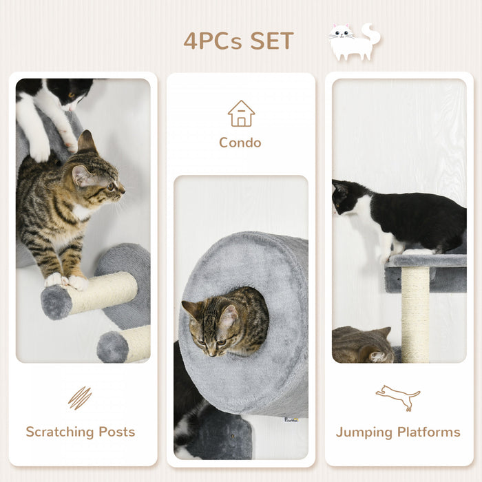 Pawhut 4 Pcs Cat Wall Shelves, Pet Wall-mounted Climbing Shelf Set, Kitten Activity Centre With Condo, Cushion, Scratching Post, Jumping Platform, Grey