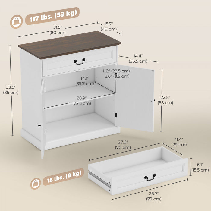 HOMCOM Buffet Cabinet 32\" Farmhouse Sideboard with Thick Top Drawer White