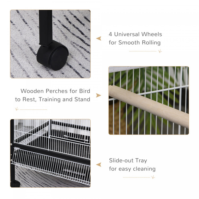 Pawhut 30x20.5x54-inch Bird Cage Parrot Macaw Finch Cockatoo Flight Cage With Wheels Black/white