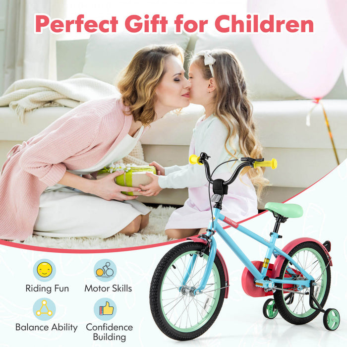 Costway 18\" Kids Bike With Adjustable Saddle Handlebar Removable Training Wheels Handbrake Red