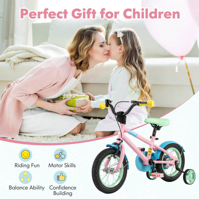 Costway 12\" Kids Bike With Adjustable Saddle Handlebar Removable Training Wheels Handbrake Pink