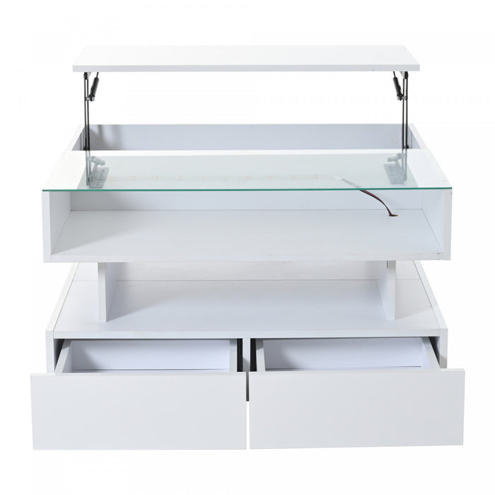 Oliver Lift-Top Coffee Table with LED Lighting and Glass Tabletop,White