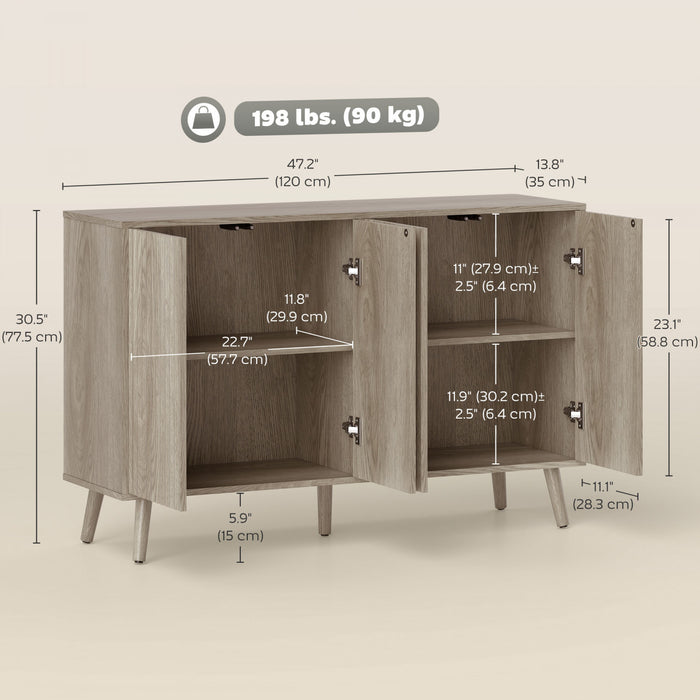 HOMCOM Sideboard, Fluted Buffet Cabinet with Adjustable Shelves, Light Grey