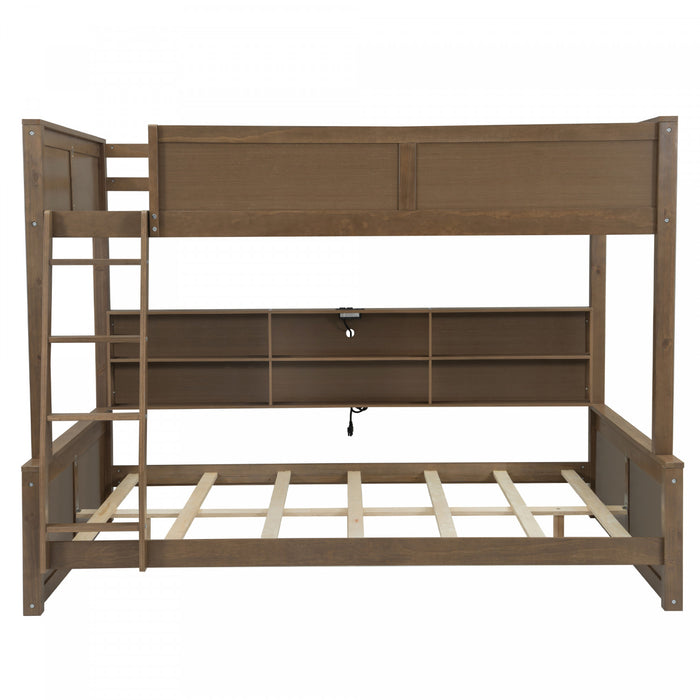 Liam Solid Wood Full XL Over Queen Bunk Bed with Storage & USB Ports, Brown