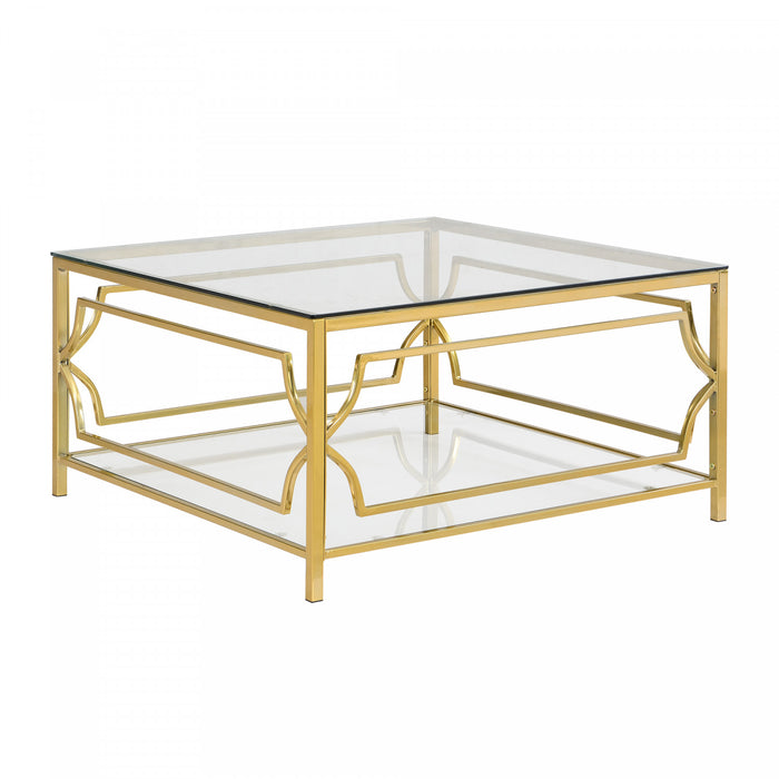 Gleam 33.5 Inch Square Tempered Glass Coffee Table with Geometric Gold Frame and Lower Shelf, Transparent