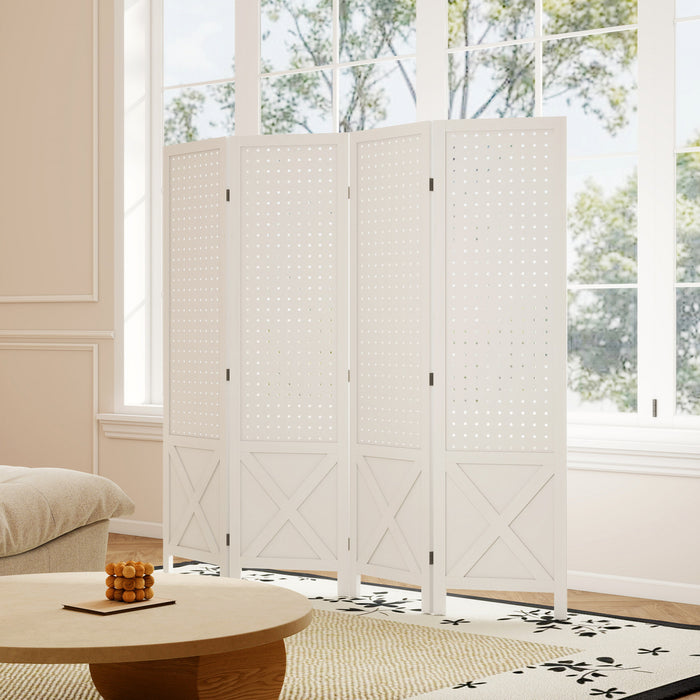 HOMCOM 56.9\" 4 Panel Room Divider with Pegboard Display for Indoor White