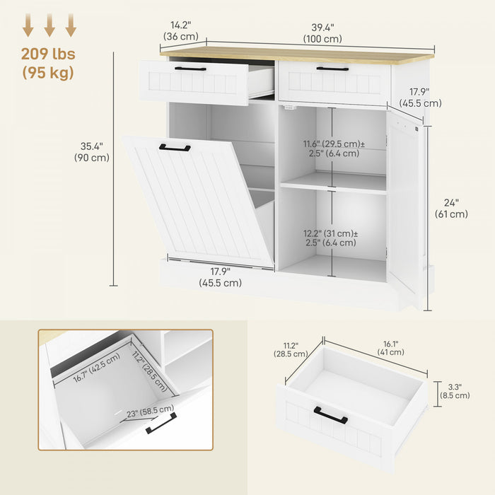 HOMCOM Tilt Out Trash Cabinet, Kitchen Island with 2 Drawers, White