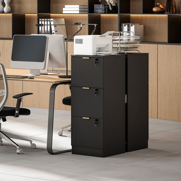 HOMCOM 3 Drawer File Cabinet Fluted Vertical Filing Cabinet with Lock Black
