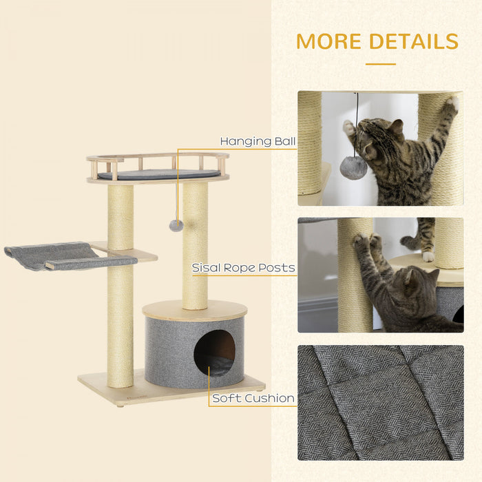 Pawhut 35\" Cat Tree, Kitty Activity Centre, Wooden Cat Climbing Toy, Cat Tower With Cat Bed Hammock Condo Washable Cushion Hanging Ball Toy Sisal Scratching Post, Natural