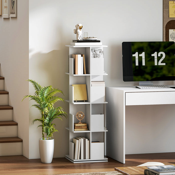HOMCOM 4 Tier Rotating Bookshelf 360° Revolving Bookcase with Cubbies White