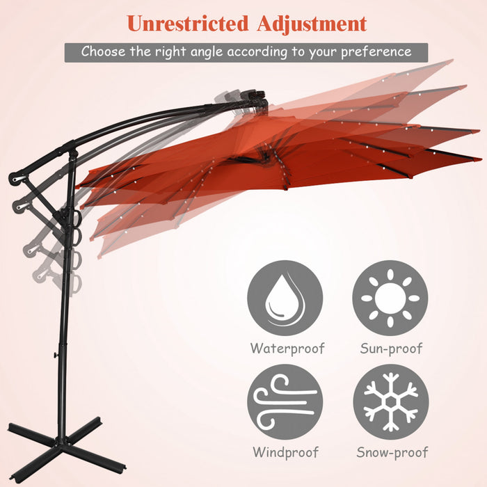Costway 10FT Patio Offset Umbrella Solar LED 360degrees Rotation Orange