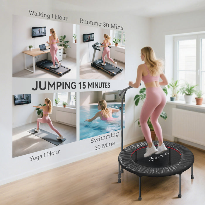 Soozier 39\" Mini Exercise Trampoline Indoor Fitness Rebounder w/ Adjustable T-Bar Black