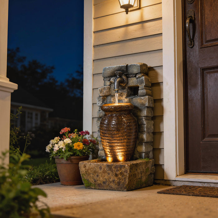 Outsunny Outdoor Water Fountain with LED Lights , Rustic