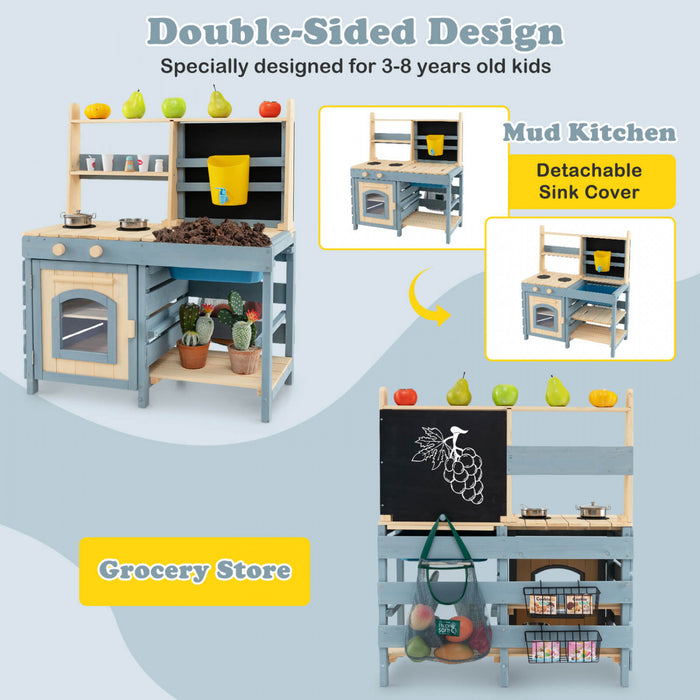 Costway 2-in-1 Outdoor Mud Kitchen With Faucet & Removable Sink Metal Baskets Storage Bag
