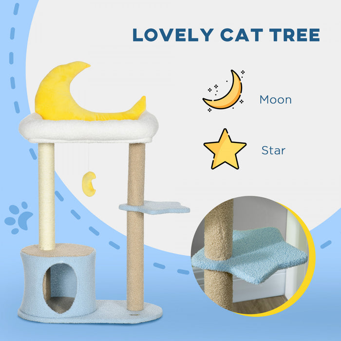 Pawhut 41\" Lovely Cat Tree For Indoor Cats With Teddy Fleece House And Bed, Kitten Tower With Scratching Post, Hanging Moon Shaped Toy, Star Platform, Blue