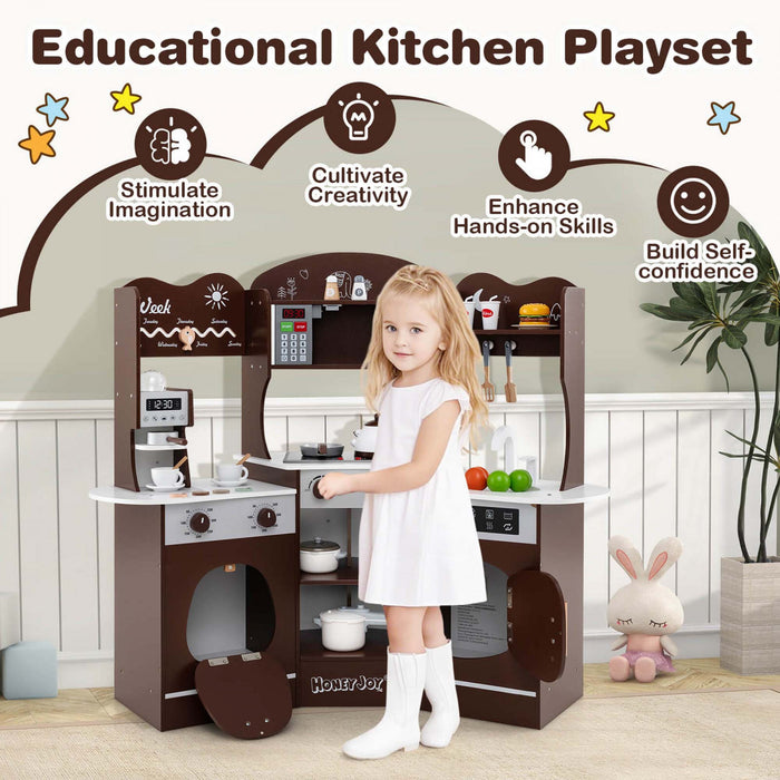 Honeyjoy Corner Kitchen Playset With Coffee Machine Oven Microwave Washing Machine Brown