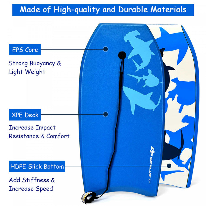 Goplus 33'' Lightweight Super Bodyboard Surfing W/leash Eps Core Boarding Blue Shark