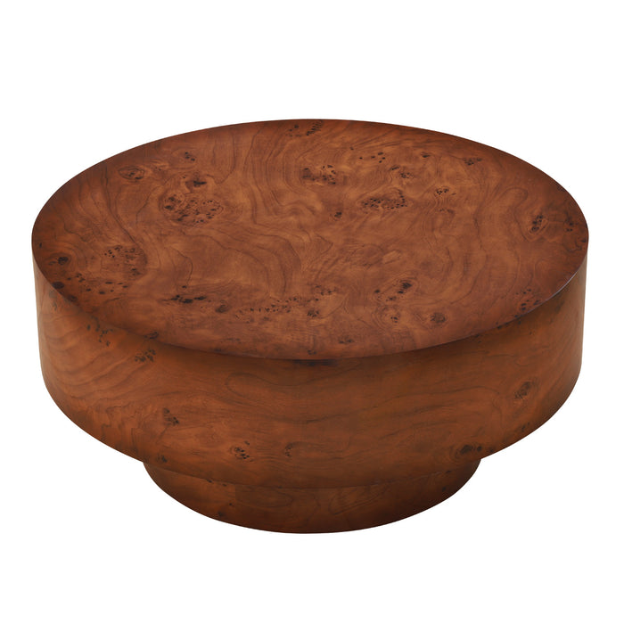 Sage 31.5 Inch Modern Round Burl Veneer Coffee Table with Drum Pedestal Base, Brown