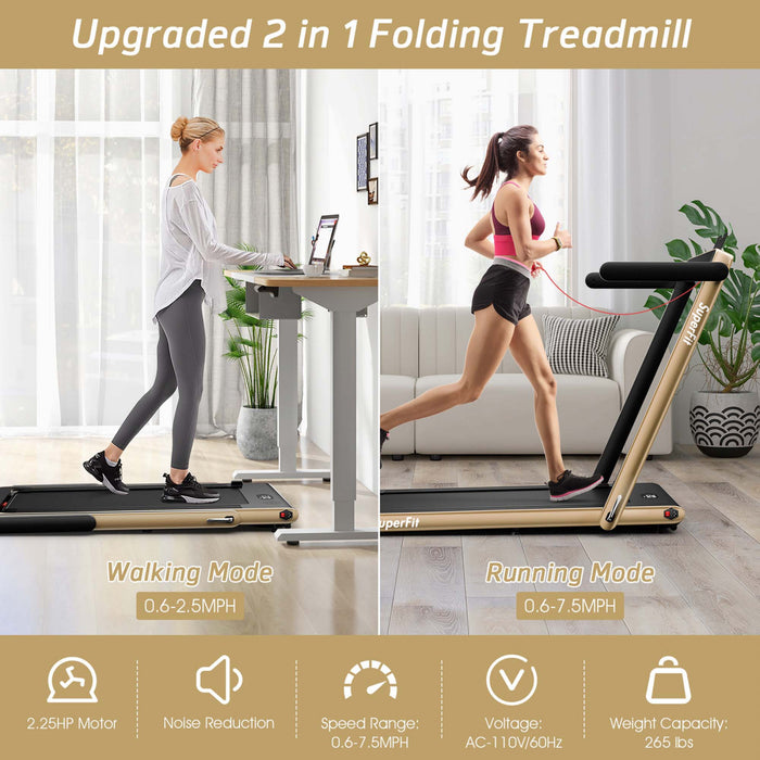 Superfit 2.25hp 2 In 1 Dual Display Folding Treadmill Jogging Machine W/app Control Yellow