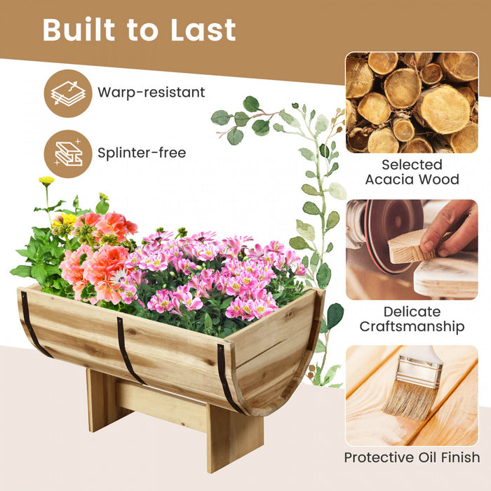 Costway 1 Pcs Outdoor Wooden Planter Solid Acacia Wood Half-barrel Planter Box With Legs