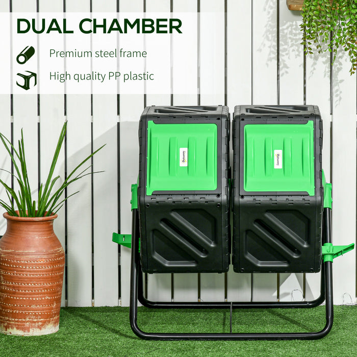Outsunny 34.5 Gallon Dual Chamber Compost Bin, Rotating Composter, Compost Tumbler with 24 Ventilation Openings and Steel Legs, Green
