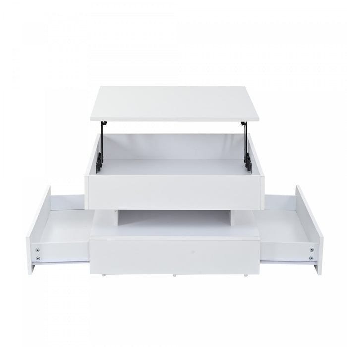 Lumina 25.5 Inch Square Lift-Top Coffee Table with LED Lights and Dual Drawers, White