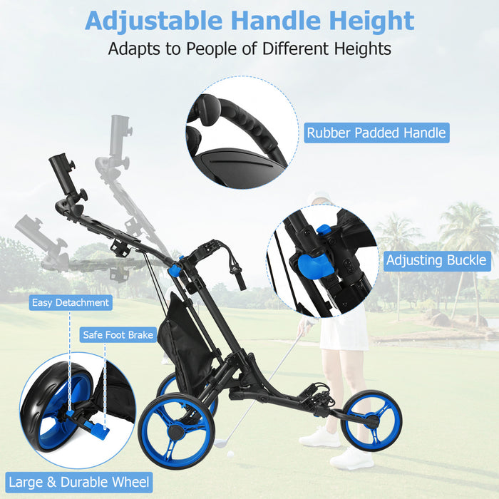 Goplus Folding 3 Wheels Golf Push Cart W/bag Scoreboard Adjustable Handle Blue