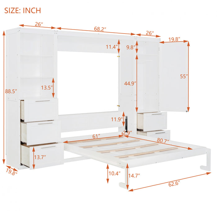 Angela Engineered Wood Murphy Wall Bed With Drawers And Shelves, Queen Size, White