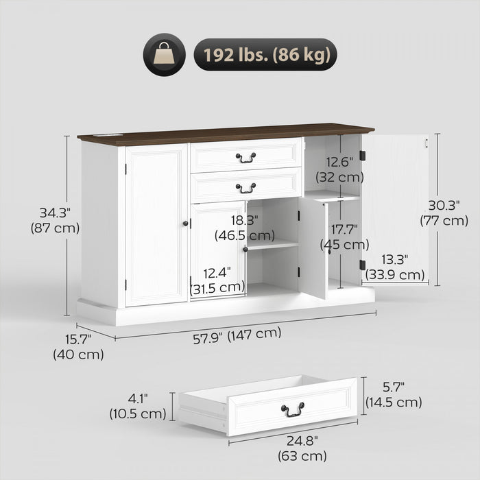 HOMCOM 58\" Farmhouse Sideboard Buffet Cabinet with Charging Station White