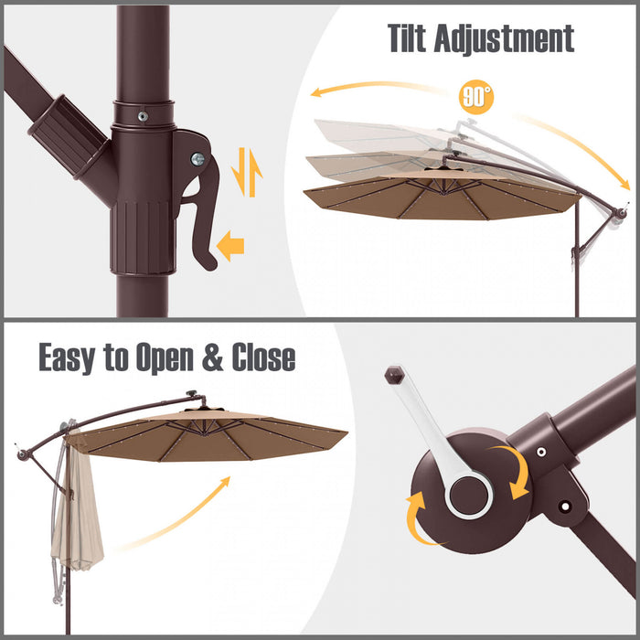 Costway Patio 10FT Hanging Offset Umbrella 32 LED Lights Sand Bag Outdoor Cross Base