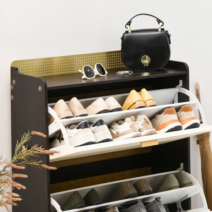 HOMCOM Modern Shoe Cabinet with Two Flip Drawers Bamboo Door White