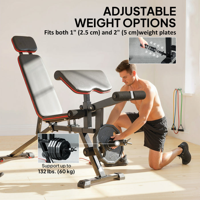 Soozier Adjustable Weight Bench with Wheels, 660LBS Workout Bench with Extended Headrest, Leg Extension, Preacher Curl Pad and Resistance Bands, Incline Flat for Home Gym