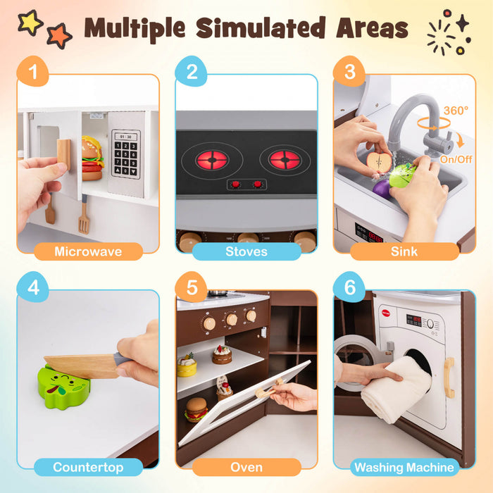 Costway Corner Play Kitchen With Ice Maker Microwave Oven For Kids 3+ Years Old Wooden Toy