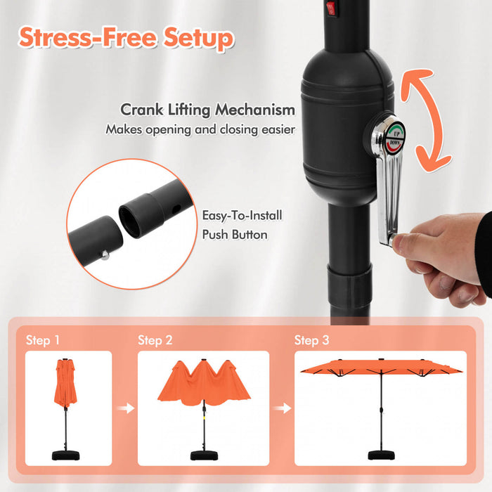 Costway 13 FT Double-sided Patio Umbrella with Solar Lights Crank Handle Umbrella Base Orange