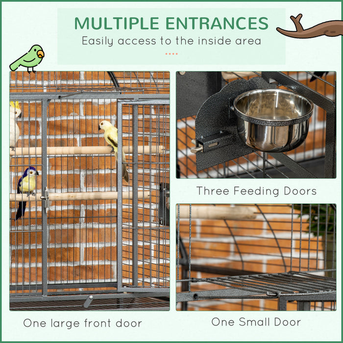 Pawhut 66\" Bird Cage Parrot Cage For Conures, Cockatiels, Parrotlet With Play Top, Rolling Stand, Pull Out Tray, Storage Shelf