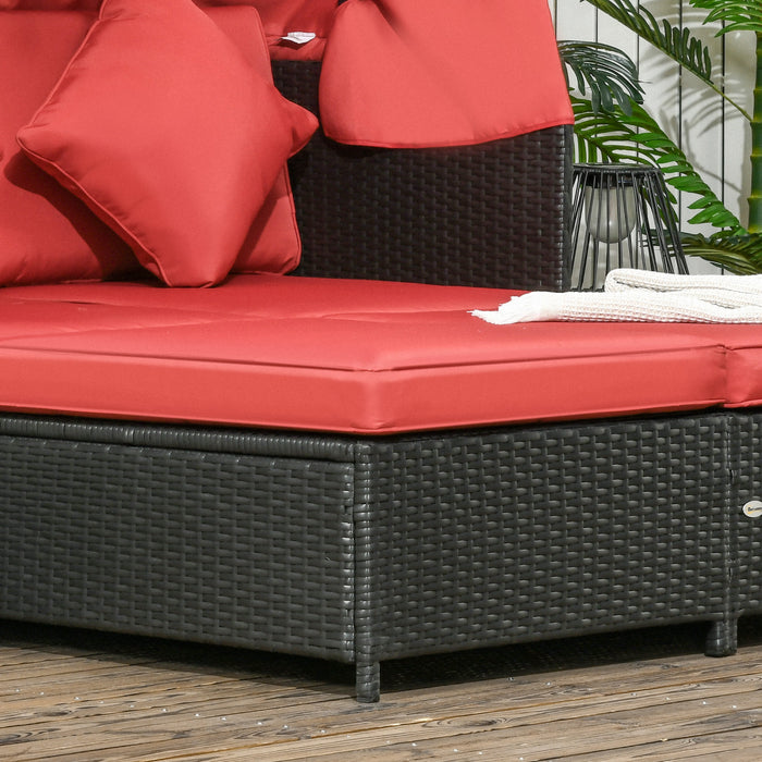 Outdoor Double Lounge Daybed W/ Awning & Cushion Sun Lounger, Red