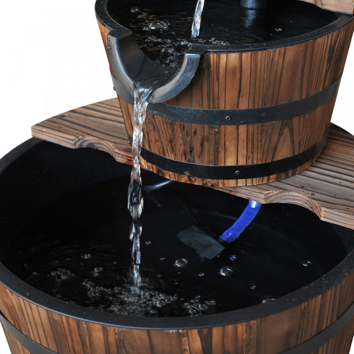 Outsunny 2-tier Wooden Barrel Water Fountain With Electric Pump, 23\" Tall Cascading Feature Outdoor Indoor Decoration