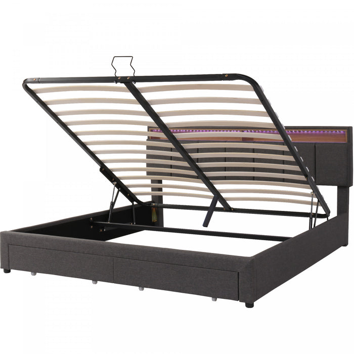 Kelly Upholstered Hydraulic Storage Bed with LED Lighting Headboard and Built-in Drawers,Queen Size,Grey Queen Bed