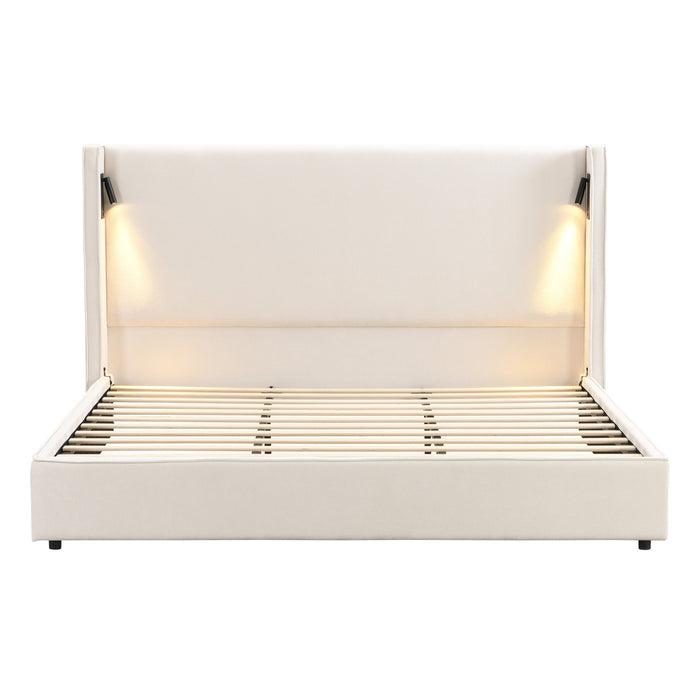 Olivia Upholstered Bed with Wingback Headboard and USB Ports,King Size - Beige