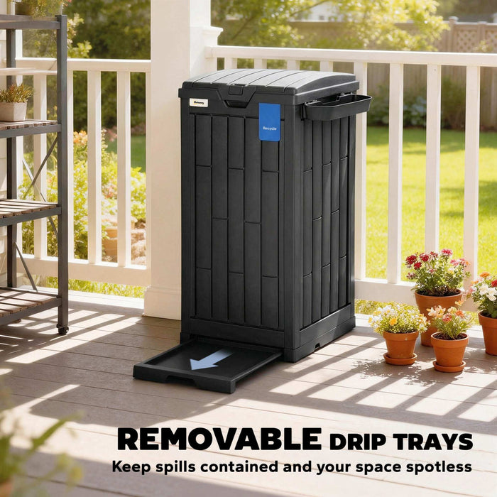 Outsunny 29 Gallon Outdoor Garbage Bin with Dual Lid and Side Holder, Waterproof Plastic Garbage Can with Drip Tray, Outdoor Waste Trash Can for Patio, Backyard, Garden, Black