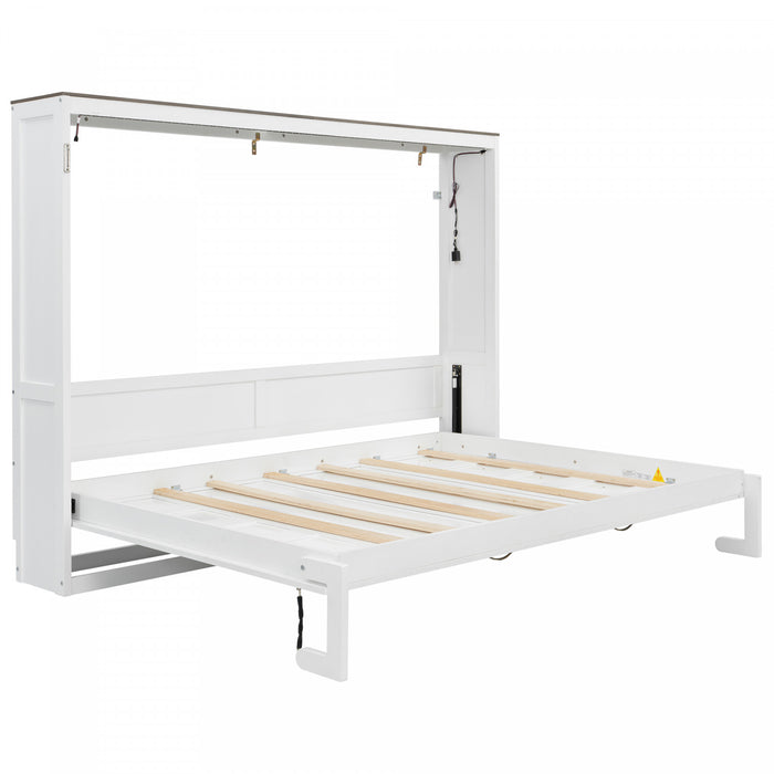 Olivia Solid Wood Murphy Bed with LED Light and Foldable Cabinet,Queen Size,White Queen Bed