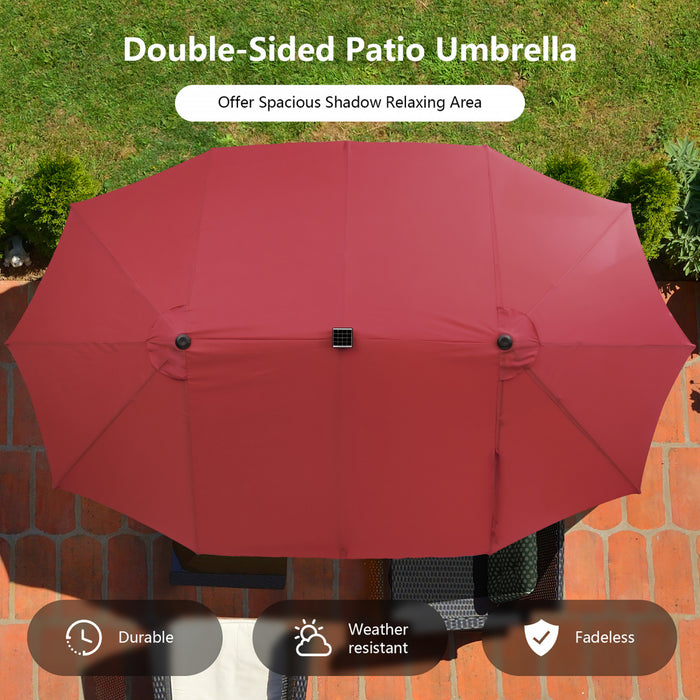 Costway 15FT Twin Patio Double-Sided Umbrella 48 Solar LED Lights Crank Outdoor Wine
