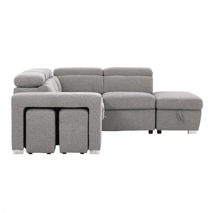 Pax 105 in. Fabric Sleeper Sectional with Storage Chaise, Nested Stools and Adjustable Headrests - Grey