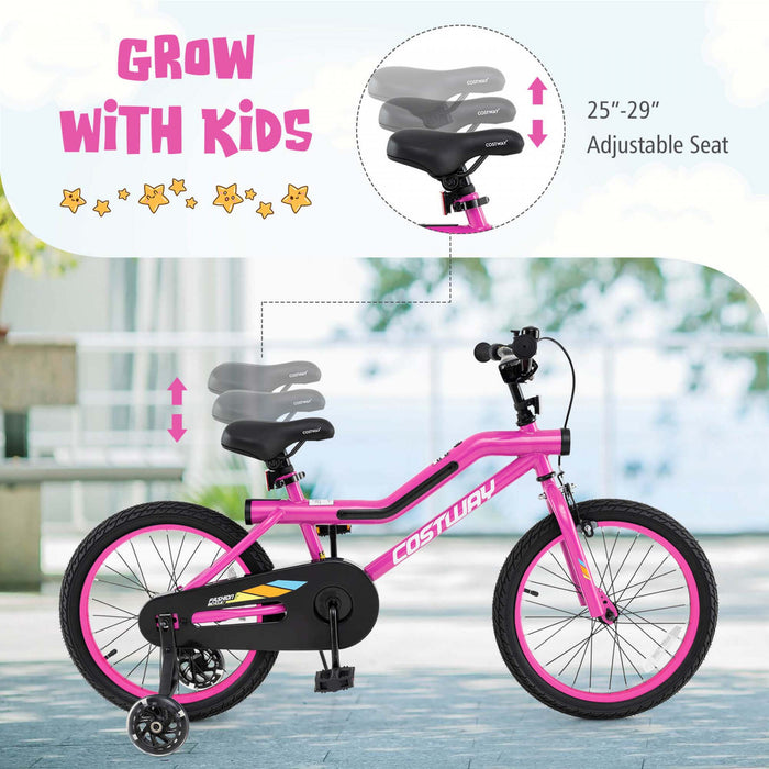 Costway 18\" Led Lighted Kids Bike With Adjustable Seat Coaster Brake Training Wheels Pink