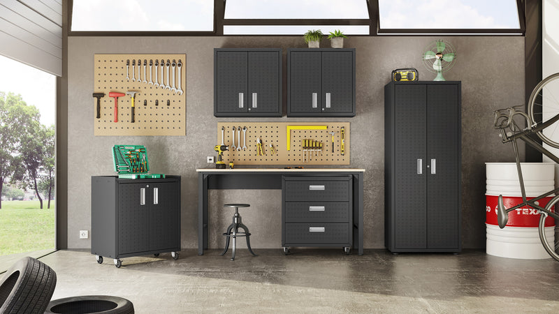 Fortress 72.4\" Natural Wood & Steel Garage Table - Charcoal Grey