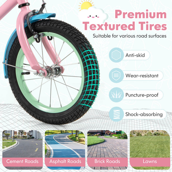 Costway 14\" Kids Bike With Adjustable Saddle Handlebar Removable Training Wheels Handbrake Pink
