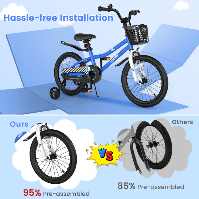 Costway 18\" Kid's Bike With Removable Training Wheels & Basket For 4-8 Years Old Blue